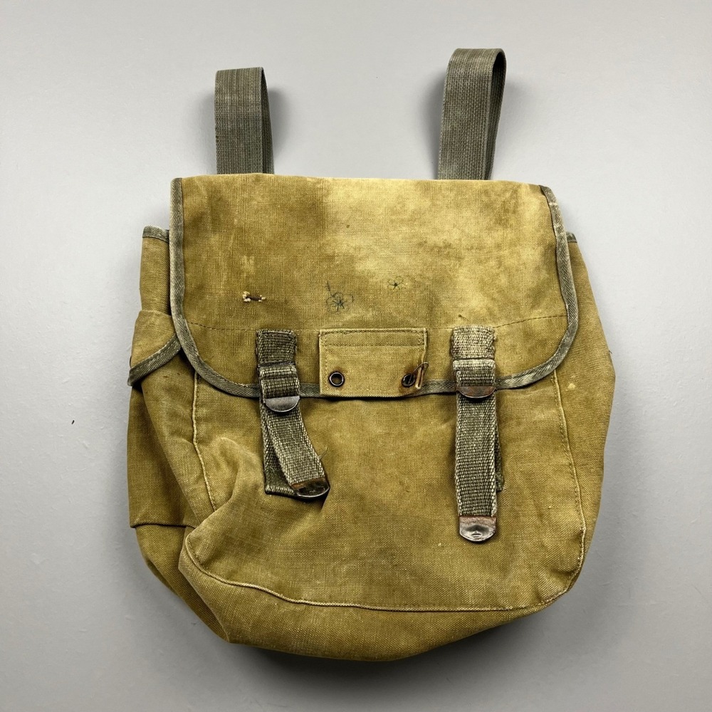 Vintage French Military Field Bag Unisex OS Khaki Canvas Backpack Satchel WW2